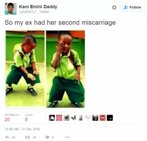 This Nigerian guy is excited his ex girlfriend had a second miscarrage
